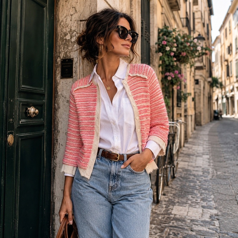 Aldomartins Barcelona Mohair Alpaca Striped Cardigan Sweater Pink Cream US 6